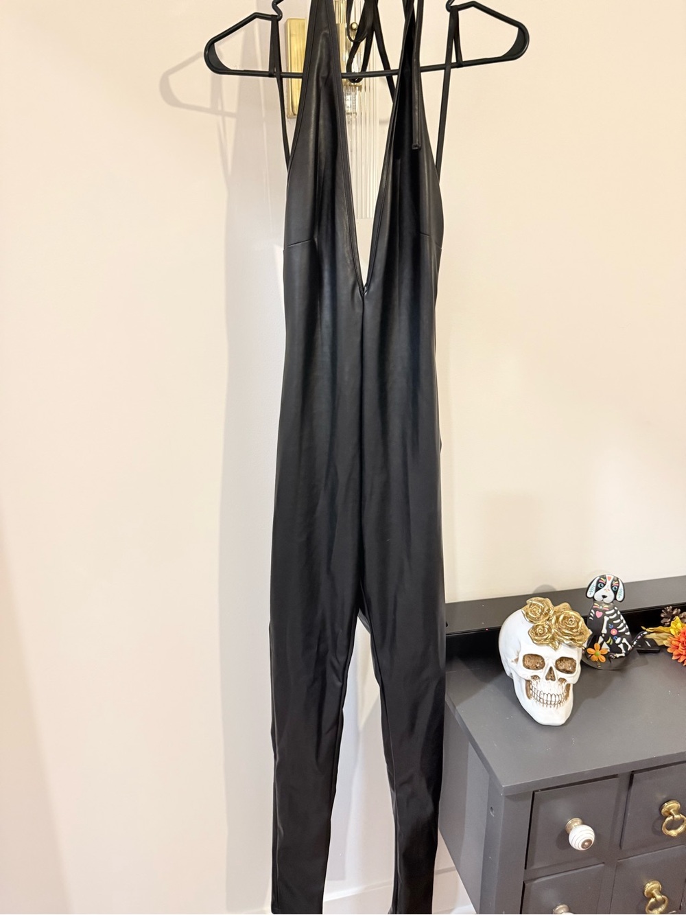 AKIRA Black Faux-Leather Deep V Halter Jumpsuit